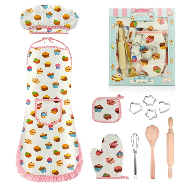 Kitchen Costume Role Play for Baby Girls Apron Chef Hat Baking Cooking Mitt